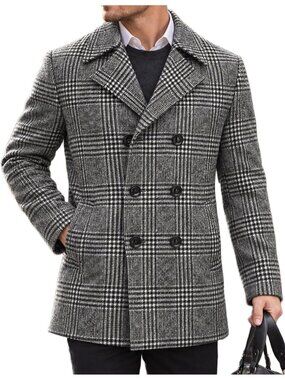 Men's Grey Plaid Double Breasted Notched Collar Overcoat Short Trench Coats